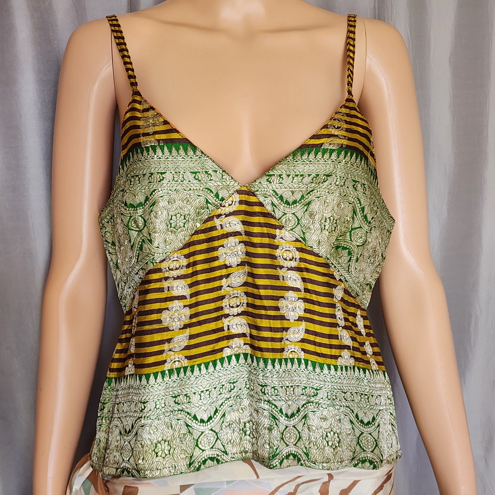 Elegant Green and Brown Women's Silk Top Size Large - XL